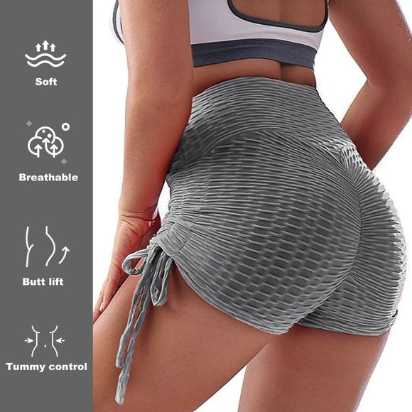 High Rise Yoga Short Wide Waistband Ruched Shorts Hides tummy flab - Gray - Picture 2 of 11